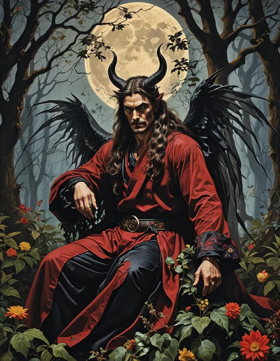 Devil Reclining Under Moonlight in Dark Fantasy Style