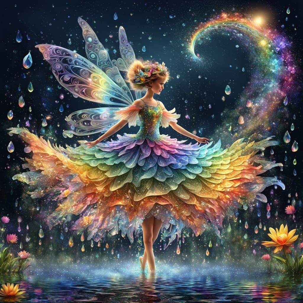 Magical Fairy Emerge from Lake in Vibrant Rainbow Water Effe...