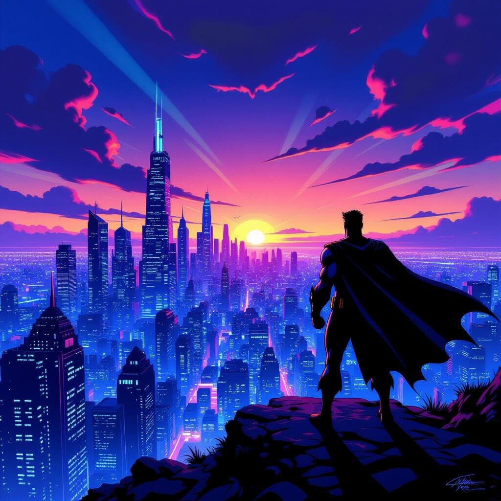 Superhero Overlooks Futuristic Cityscape in Epic Comic Style