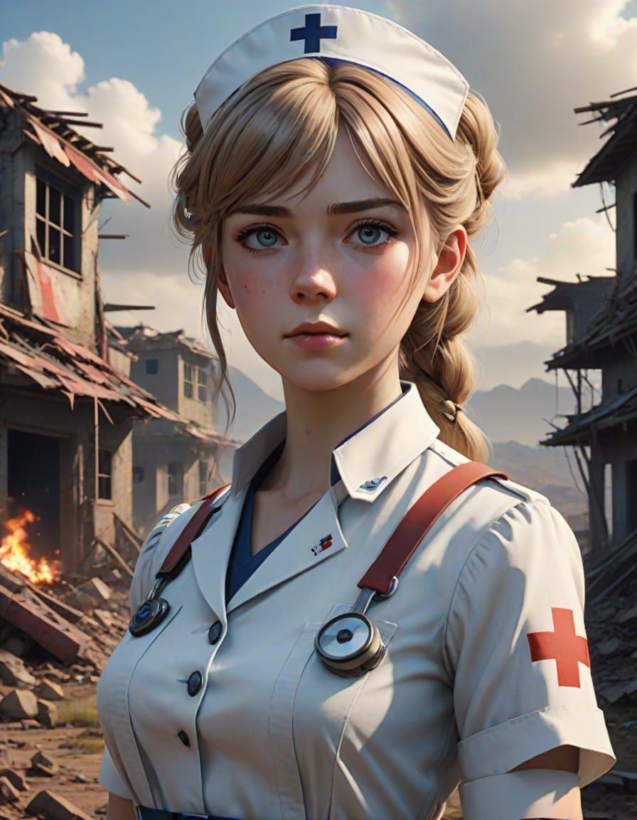 Anime Catherine Barkley in War-Torn Landscape