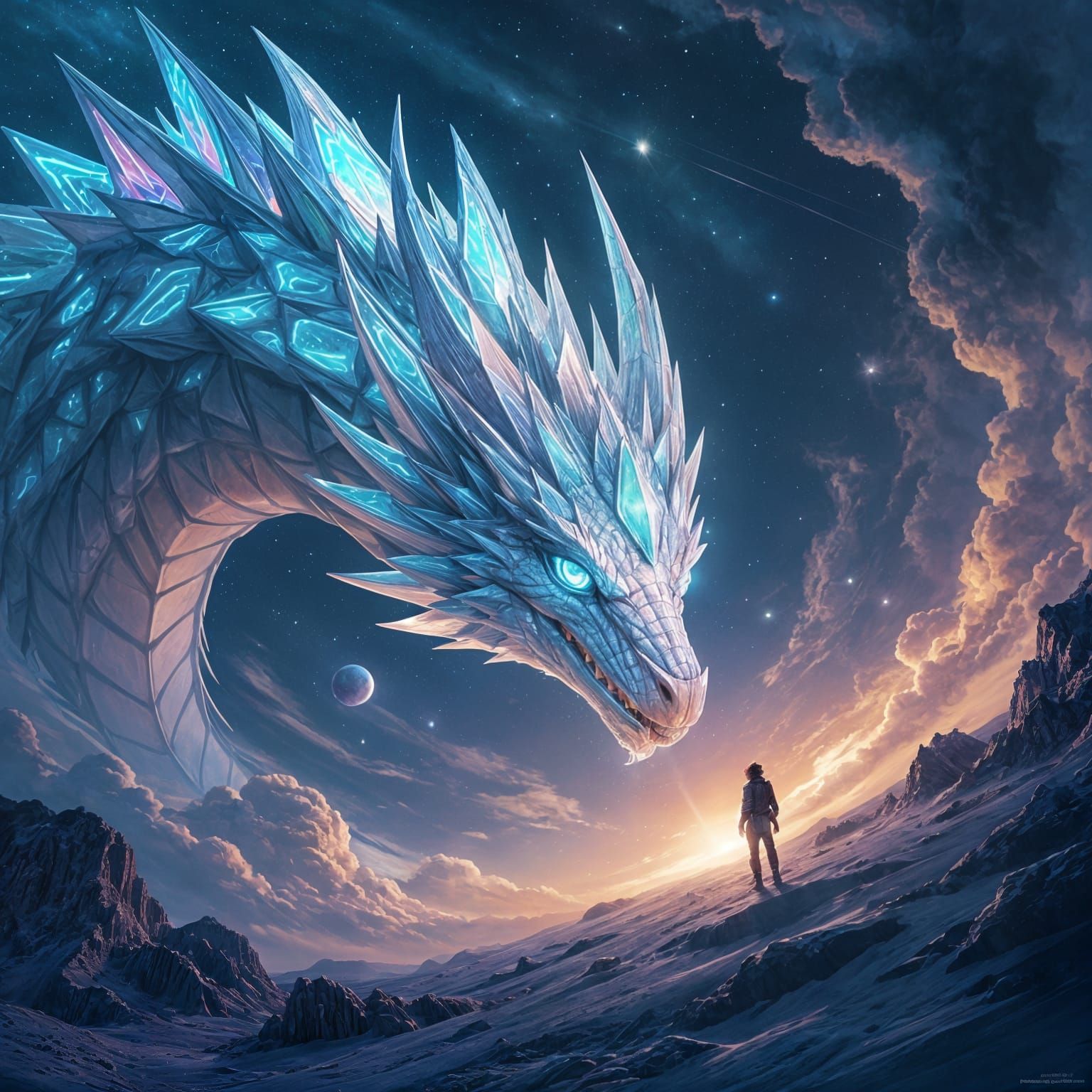 Crystalline Dragon Guides Spaceship to Planet in Cosmic Art