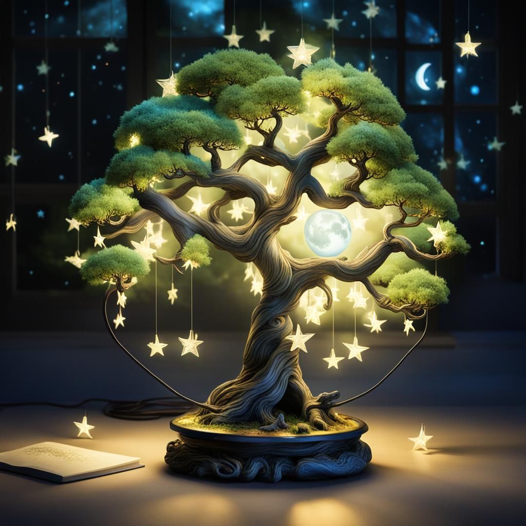 Surreal Bonsai Lamp with Luminescent Stars