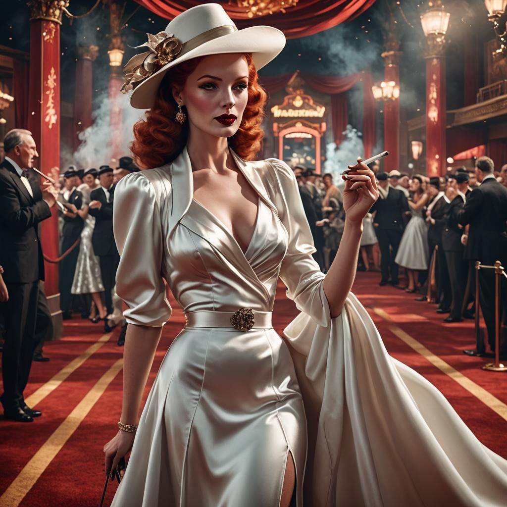 1940s Hollywood Redhead in White Satin