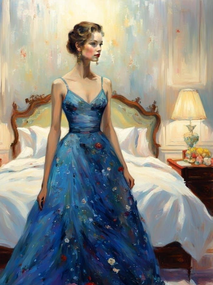 Young Woman in Evening Gown in Opulent Bedroom Painting