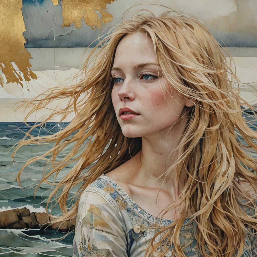 Golden-Haired Woman by the Sea in Cubist Illustration