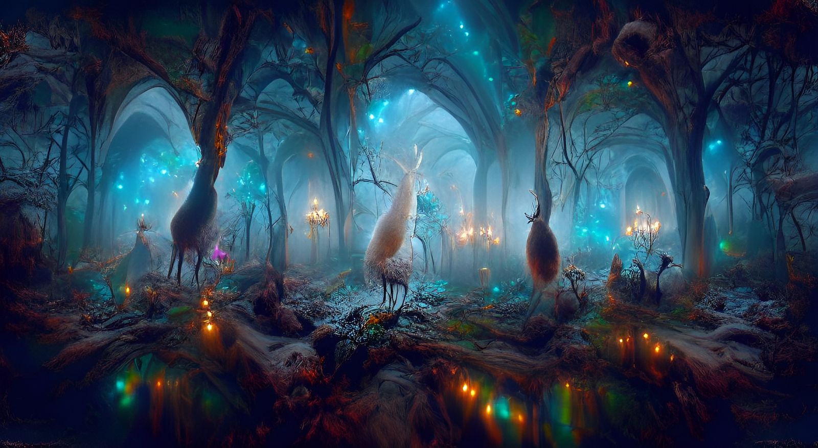 Enchanted Forest with Mysterious Animals in Fairytale Style