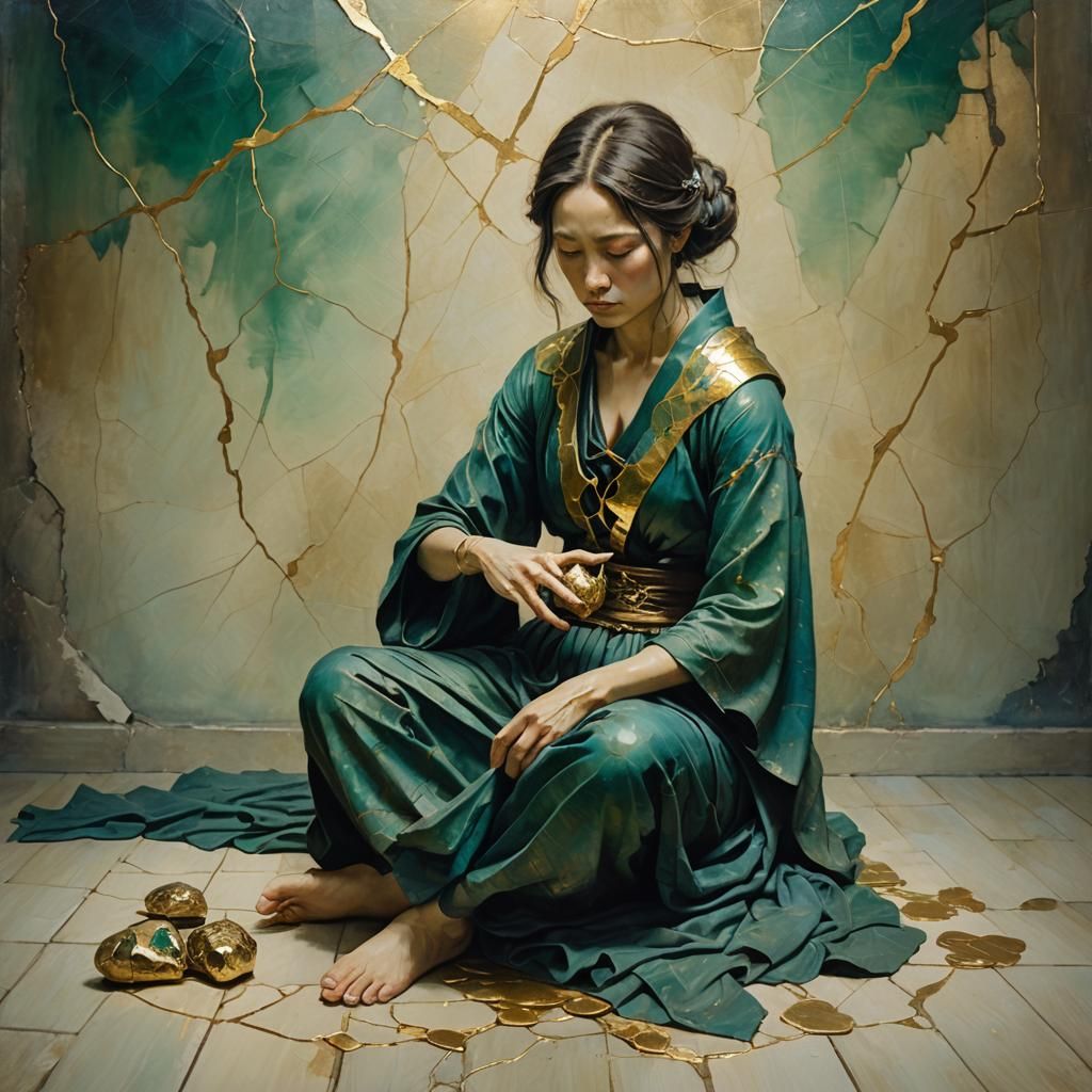 Kintsugi Woman with Fractured Heart in Fantasy Realism