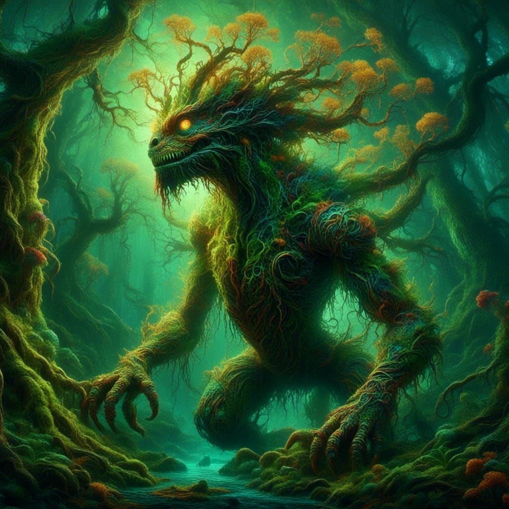 Chameleon Merges with Biomechanical Fern, Surreal Art