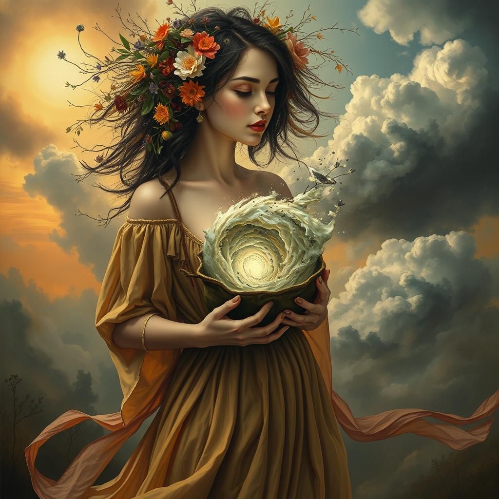 Woman with Contrasting Vortex Pouch in Surreal Style