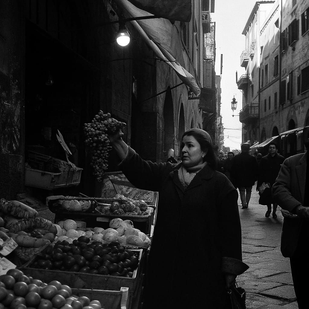 Vintage Street Scene: Woman Buying Grapes