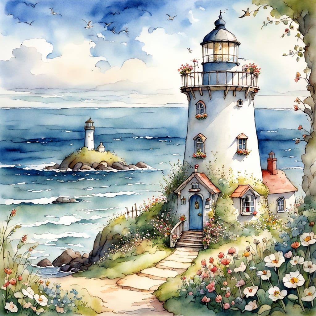 Quaint Lighthouse by the Sea: Watercolour Illustration