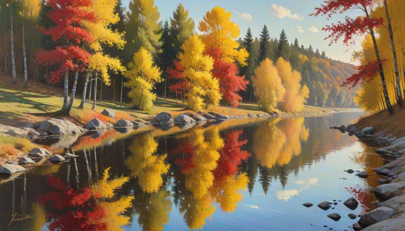 Golden Autumn River Landscape in Levitan Style