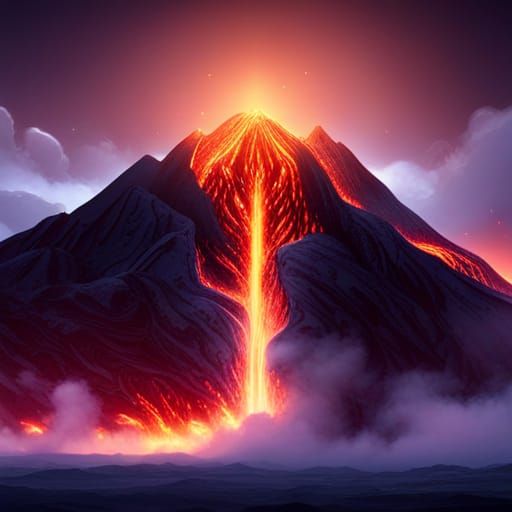 Volcanic Eruption: Molten Lava in Dramatic Night Sky