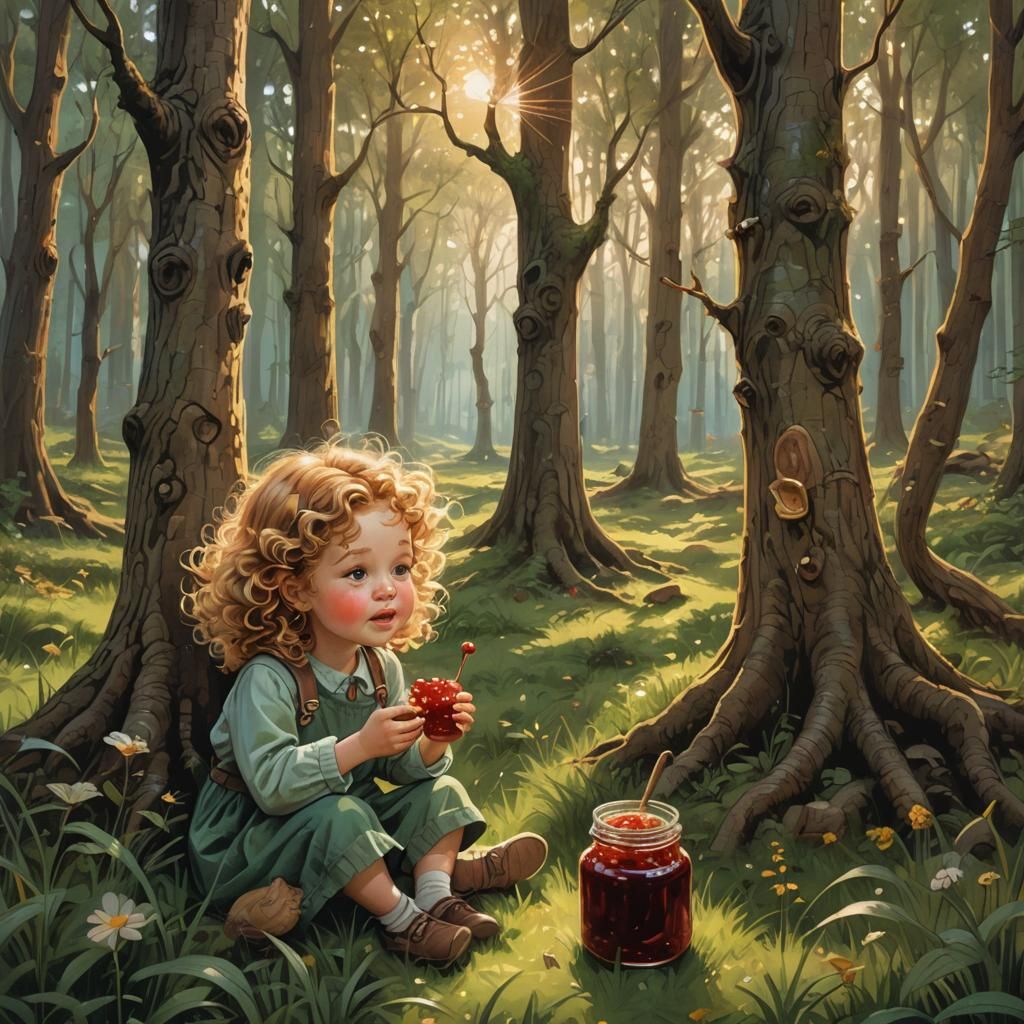 Girl with Jam in Magical Forest Landscape
