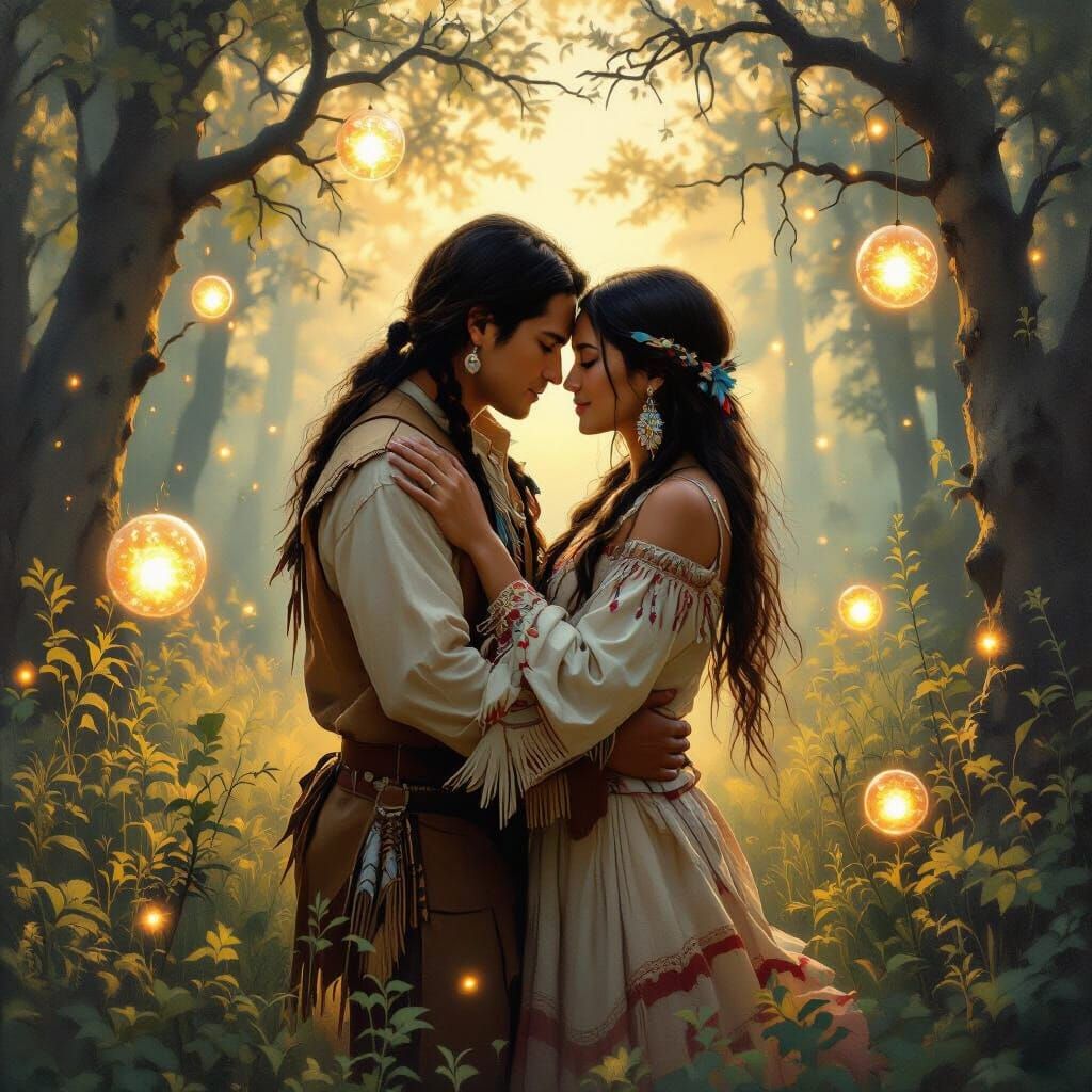 Native American Couple Embracing in Mystical Forest Orbs