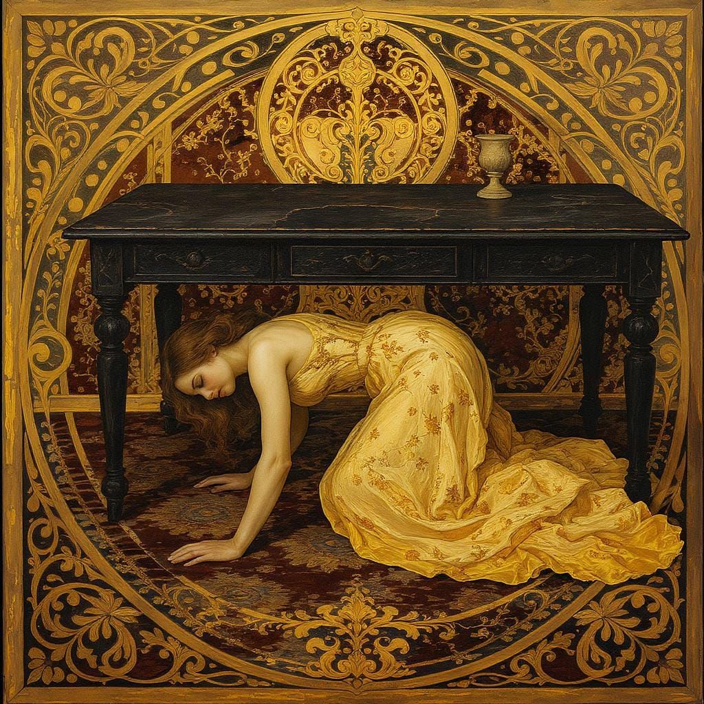 Woman Crawling Under Table in Art Nouveau Style