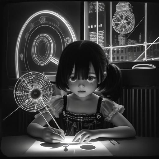 Surreal Rayograph with Goth Dolls and Neon Cityscape