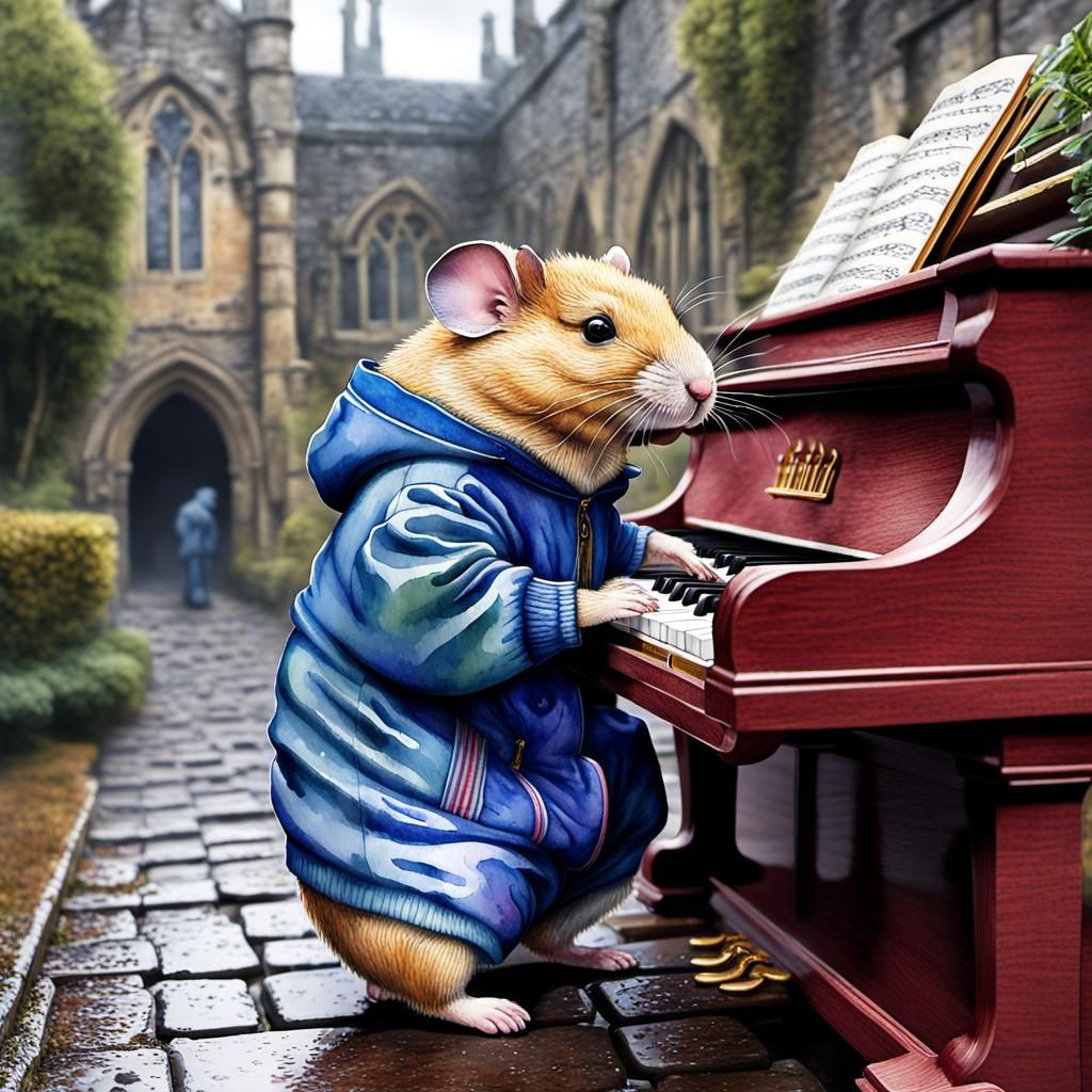 A portrait of the artist playing the piano in a tracksuit