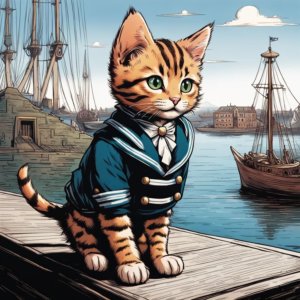 Style of Tenniel, a drawing of a tabby kitten in a sailor suit visiting the harbour