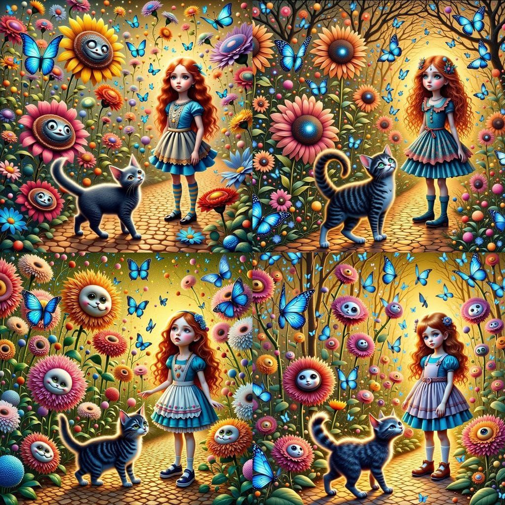Enchanted Wonderland Girl and Cat Dance Among Flowers
