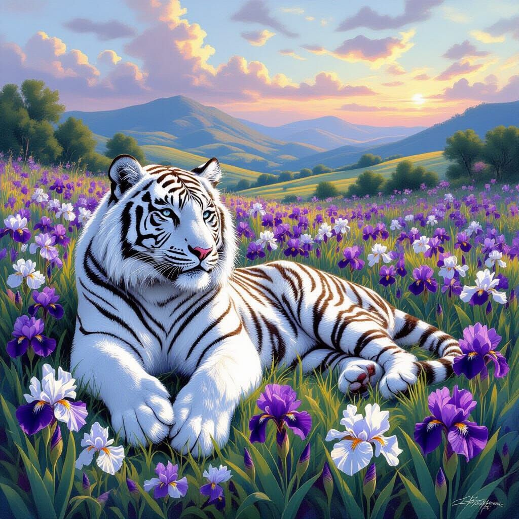 White Tiger in Iris Field: Luminist Painting