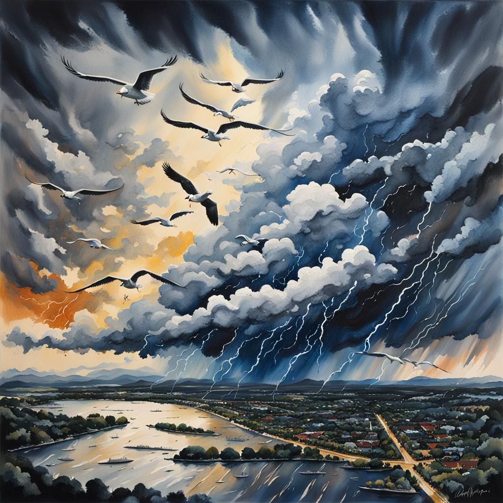 Dramatic Gouache Painting of a Thunderstorm from Above