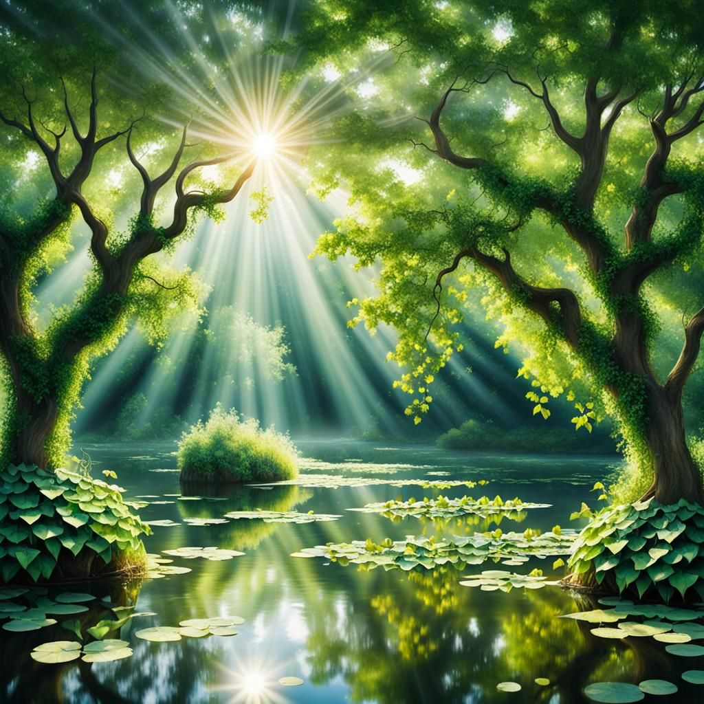 Idyllic Pond Scene with Sunlight Through Clouds
