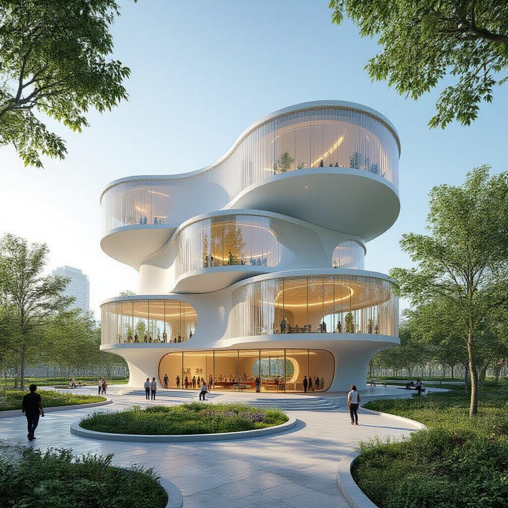 Organic 3D Waved School Design in White Cement and Timber