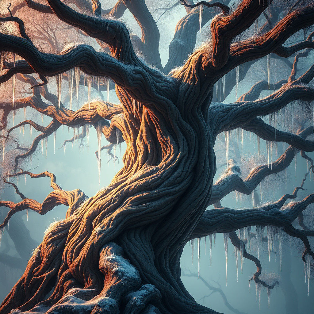 Icy Oak Tree in Mystical Landscape, Digital Art