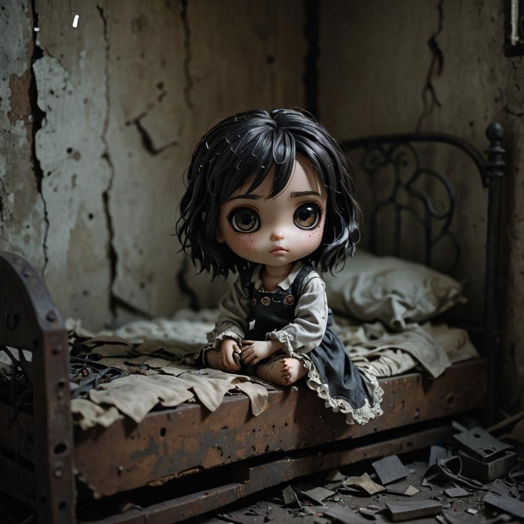 Gloomy Chibi Doll in Abandoned Room