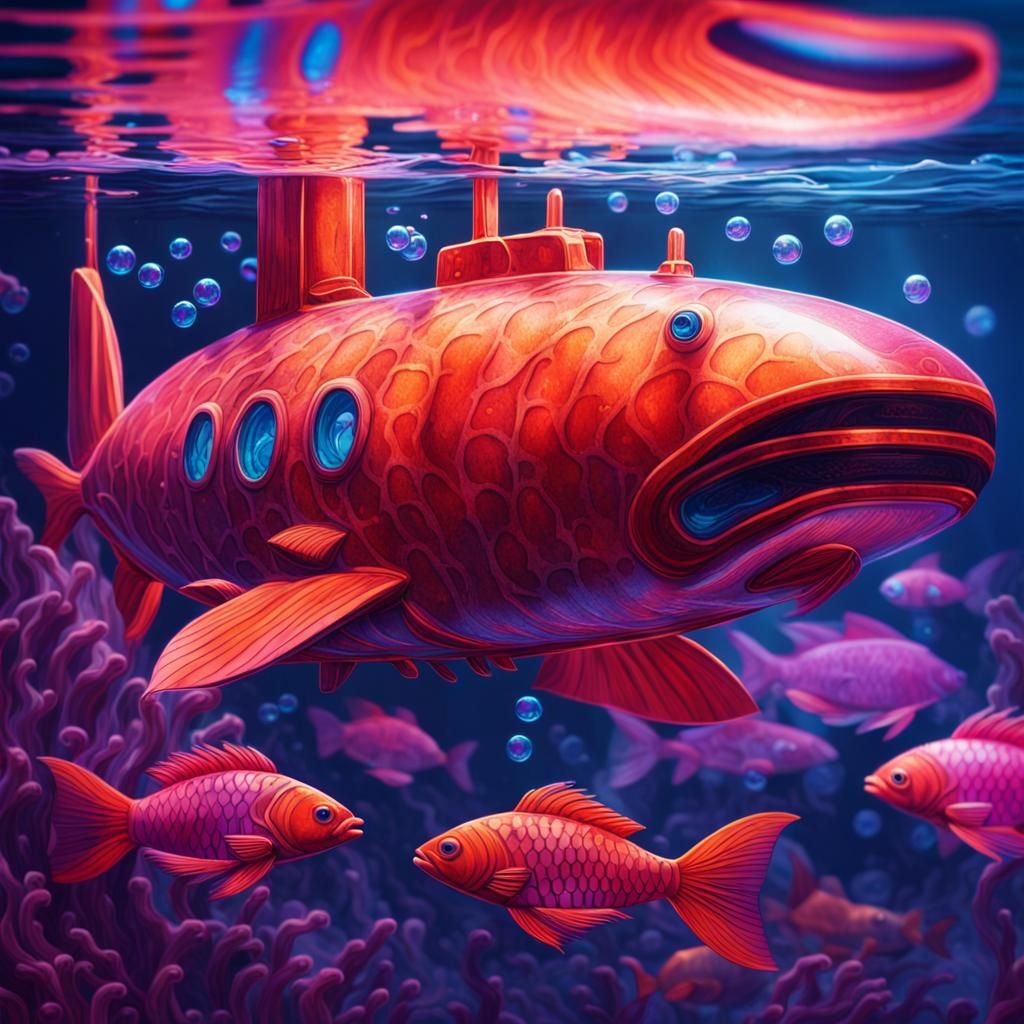 Futuristic Submarine Surrounded by Red Fish in Hyperrealisti...