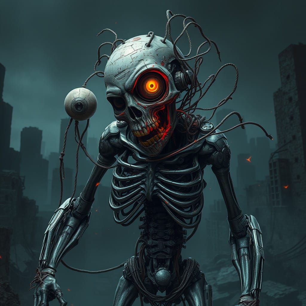 Cybernetic Zombie in Dark, Futuristic Ruins