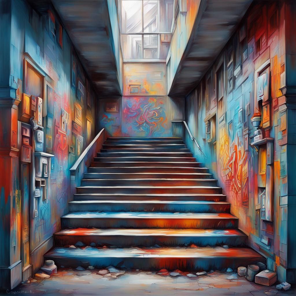 Illuminated Plastic Staircase in Graffiti Art Style