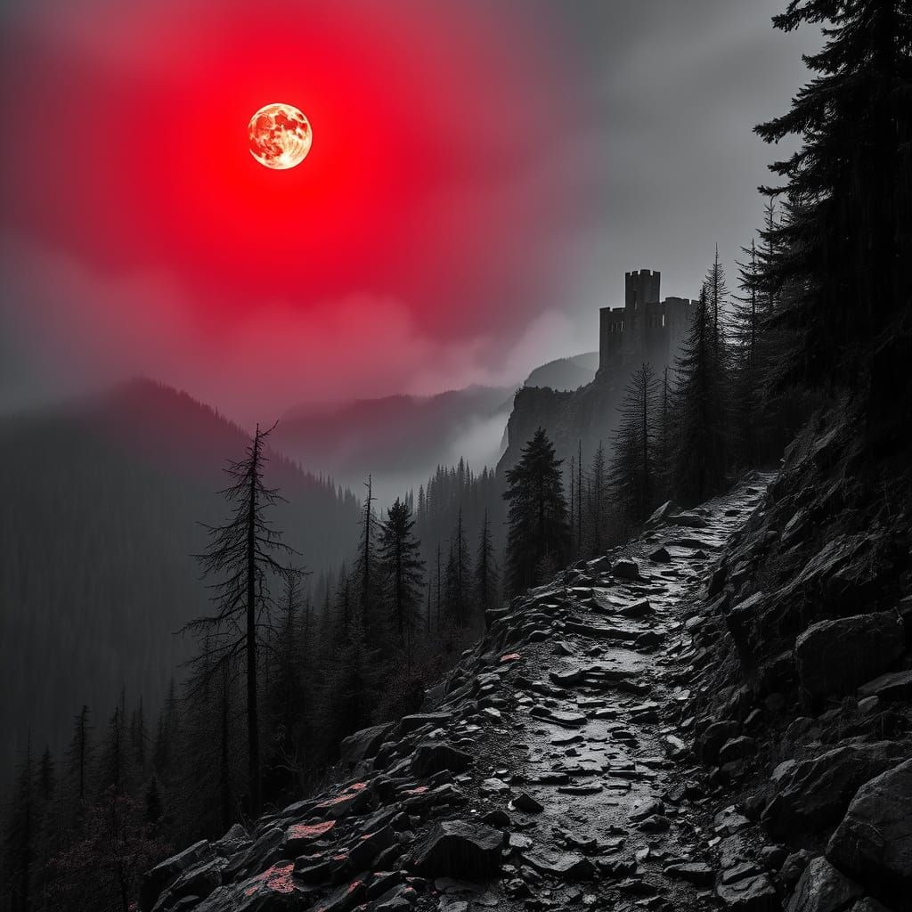 Rainy Autumn Night Mountain Trail: Red Highlights & Sinister...