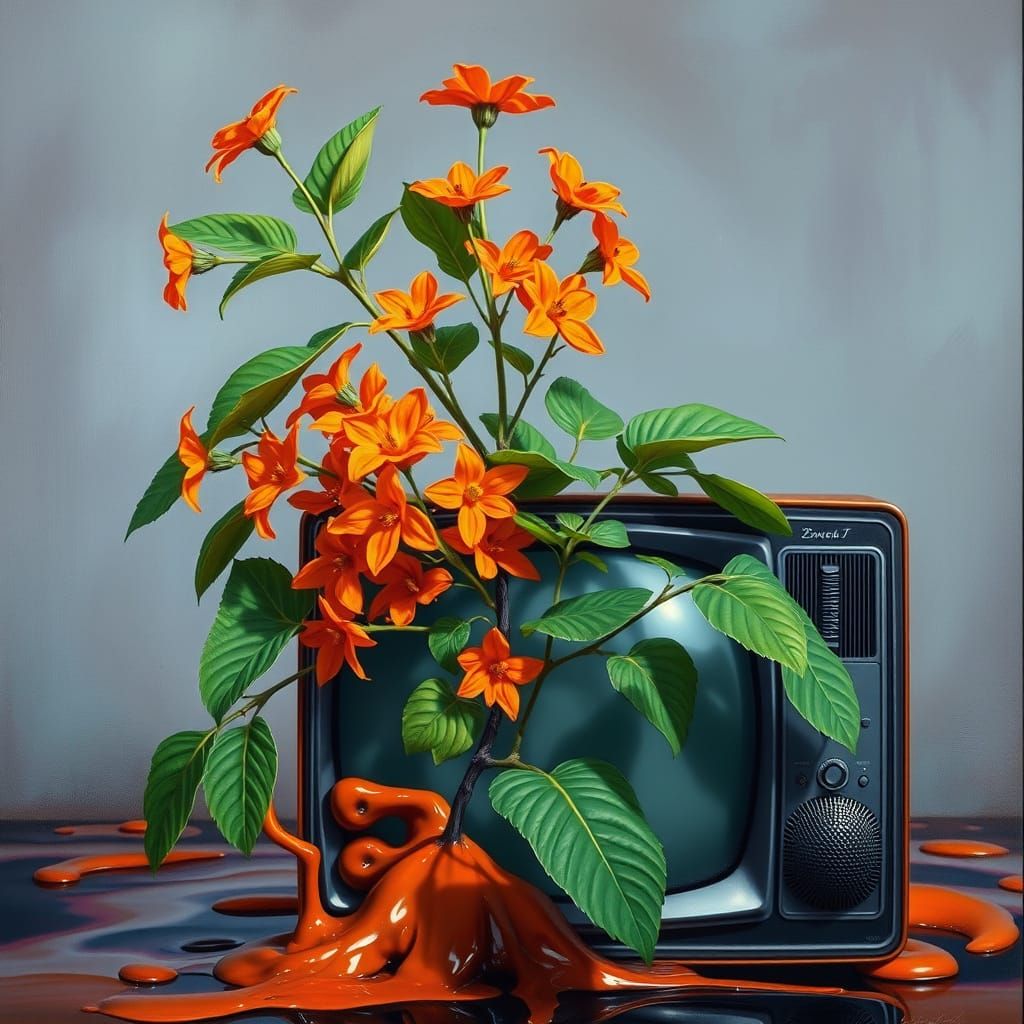 Surreal Plant Pierces TV Screen: Dreamlike Oil Painting