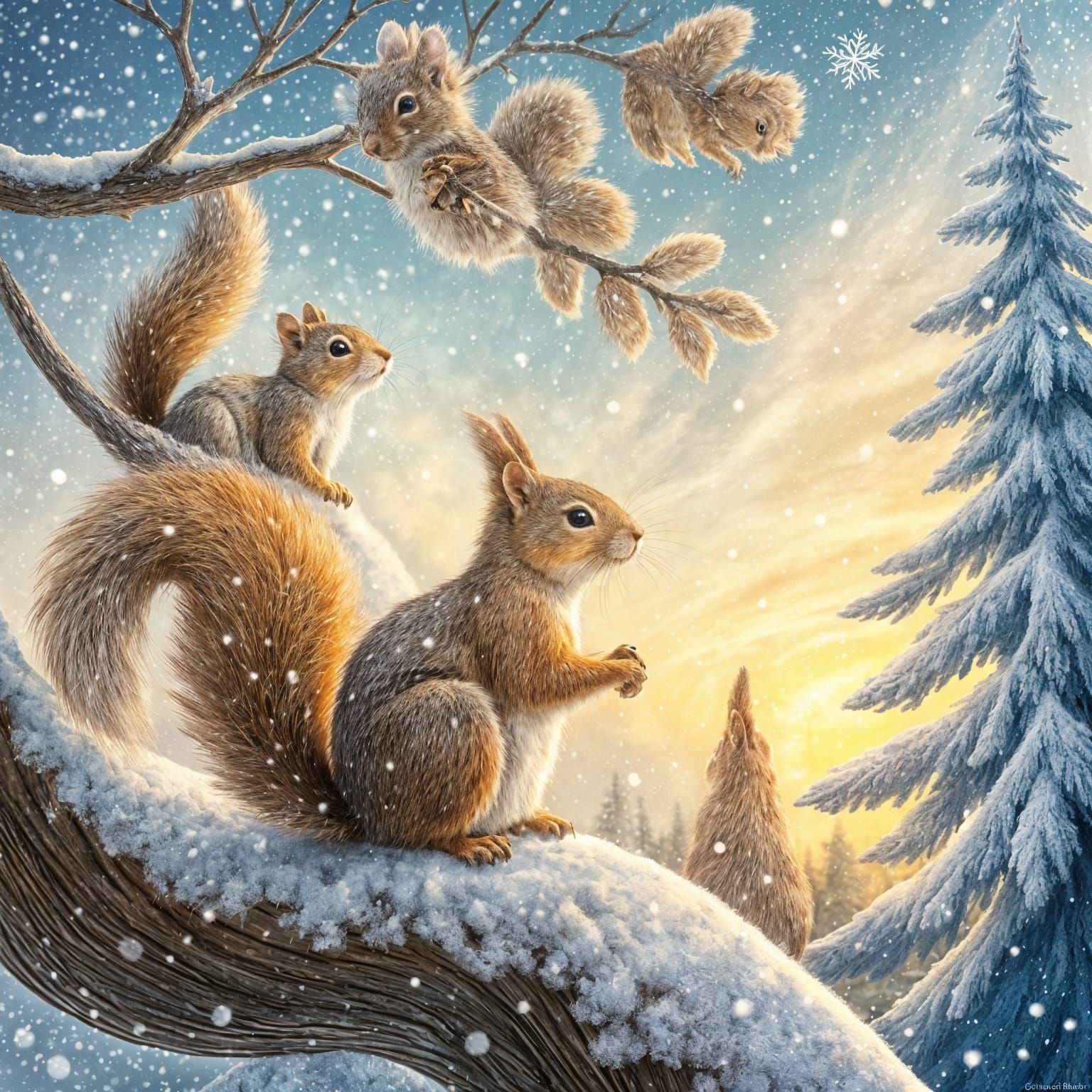 Whimsical Fauvist Squirrels in Winter Wonderland
