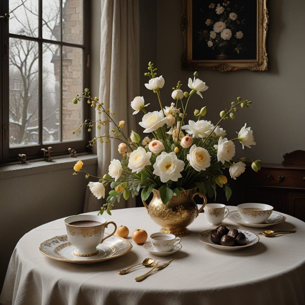 Whipped Cream Topped Hot Chocolate on Cream Linen Tablecloth