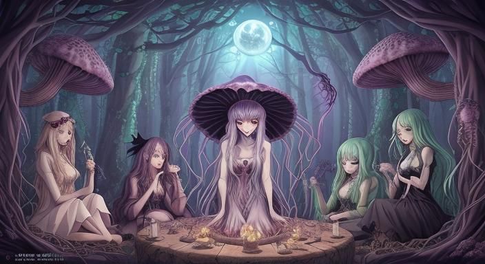 Witch Coven Gathering With Kraken in Anime Style