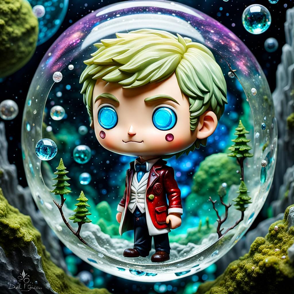 chibi Fifth Doctor in a gemstone bubble