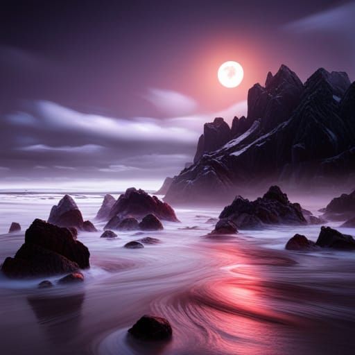 Foreboding Blood Ocean Beach at Night: Matte Painting