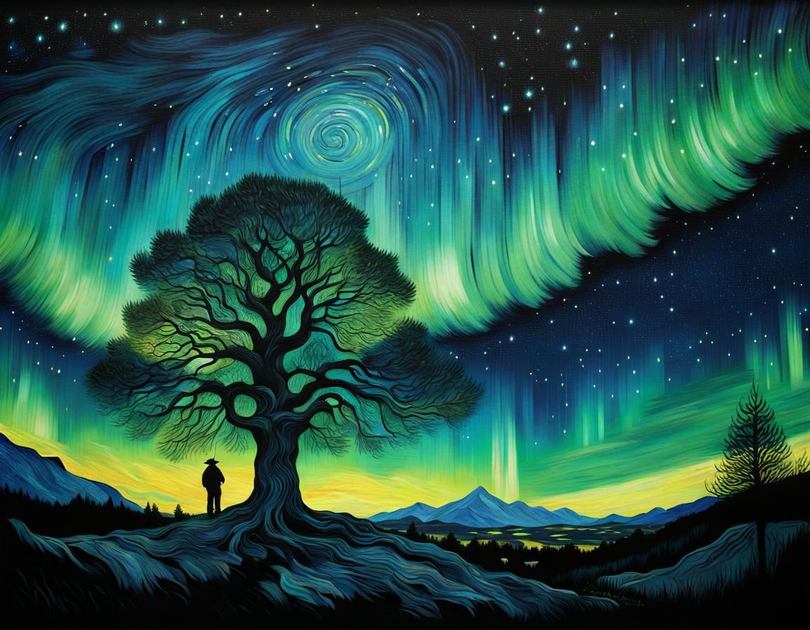 Mystical Tree Under Northern Lights in Van Gogh Style