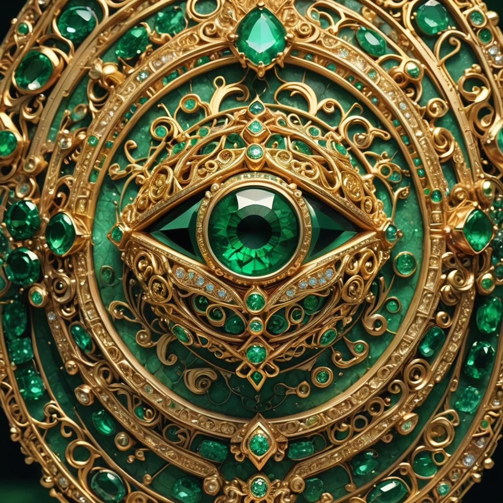 Ornate Gold Ring with Emerald Eye, a 3D Rendering