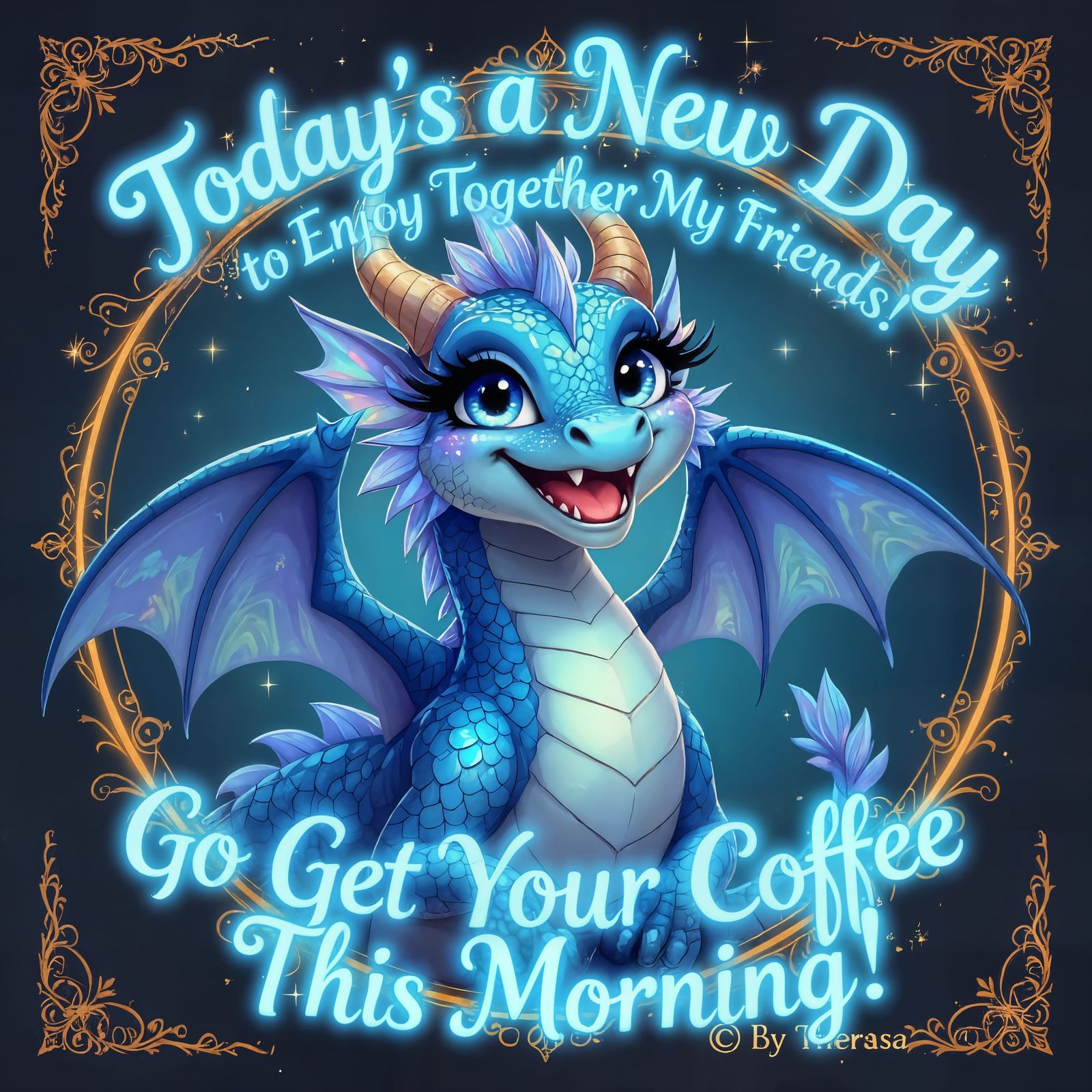 Blue Dragon Smiles in Art Nouveau Style