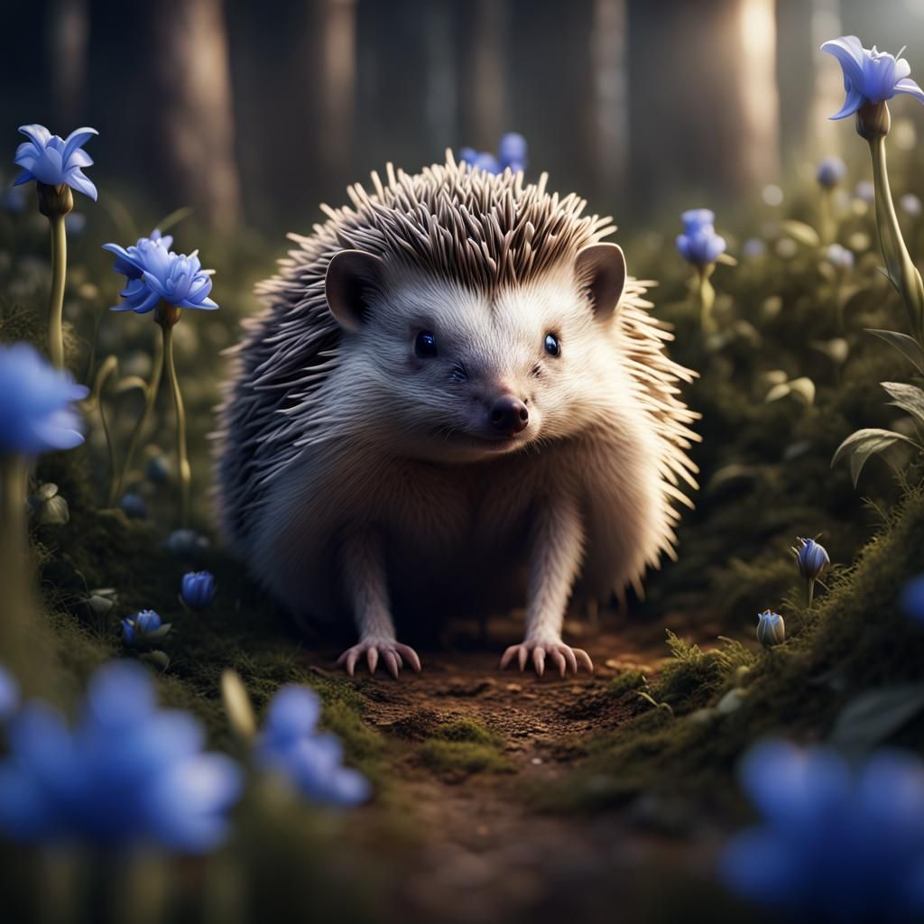 Hedgehog Portrait with Blue Bell Flowers