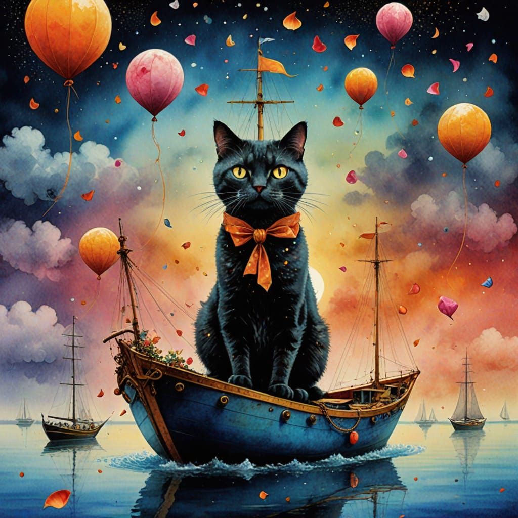 Dreamy Surrealist Cat Sailing Sky with Rose Petals