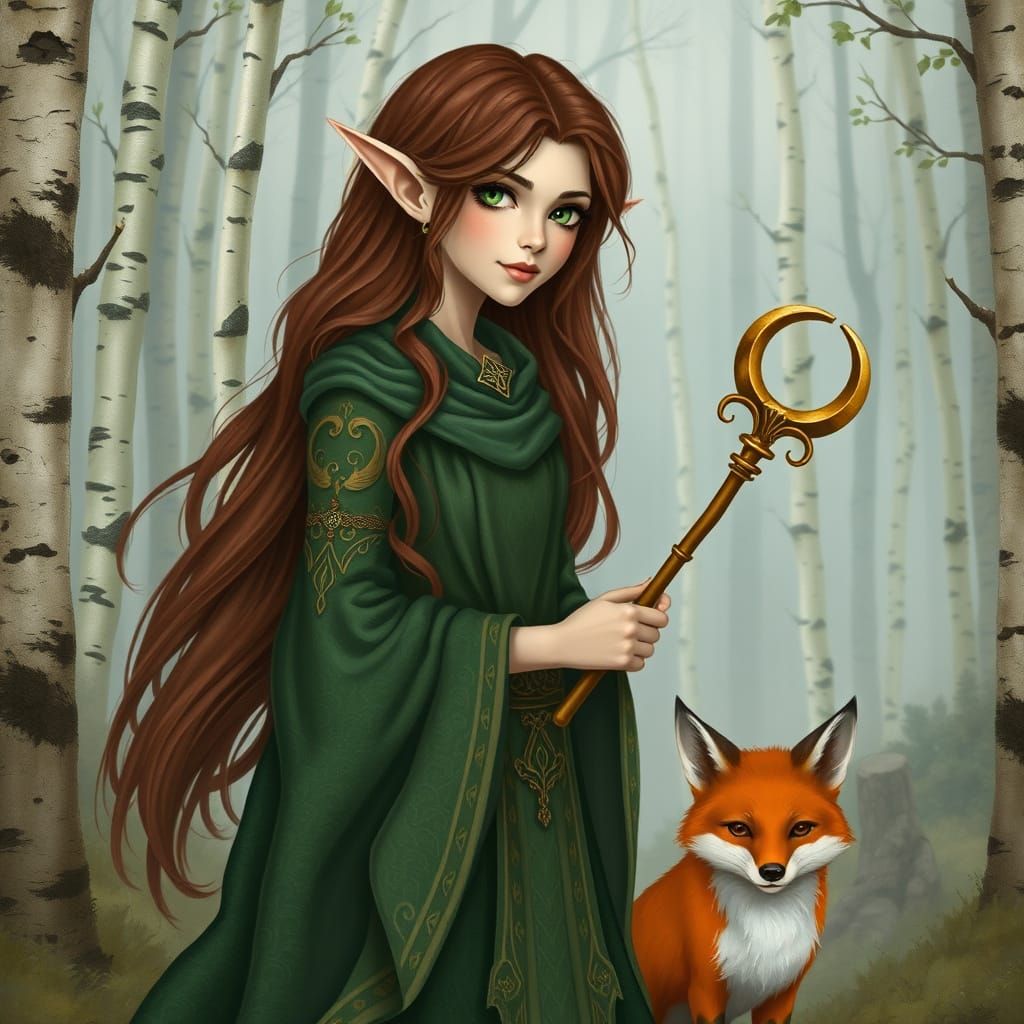 Elf Mage and Fox in Whimsical Forest