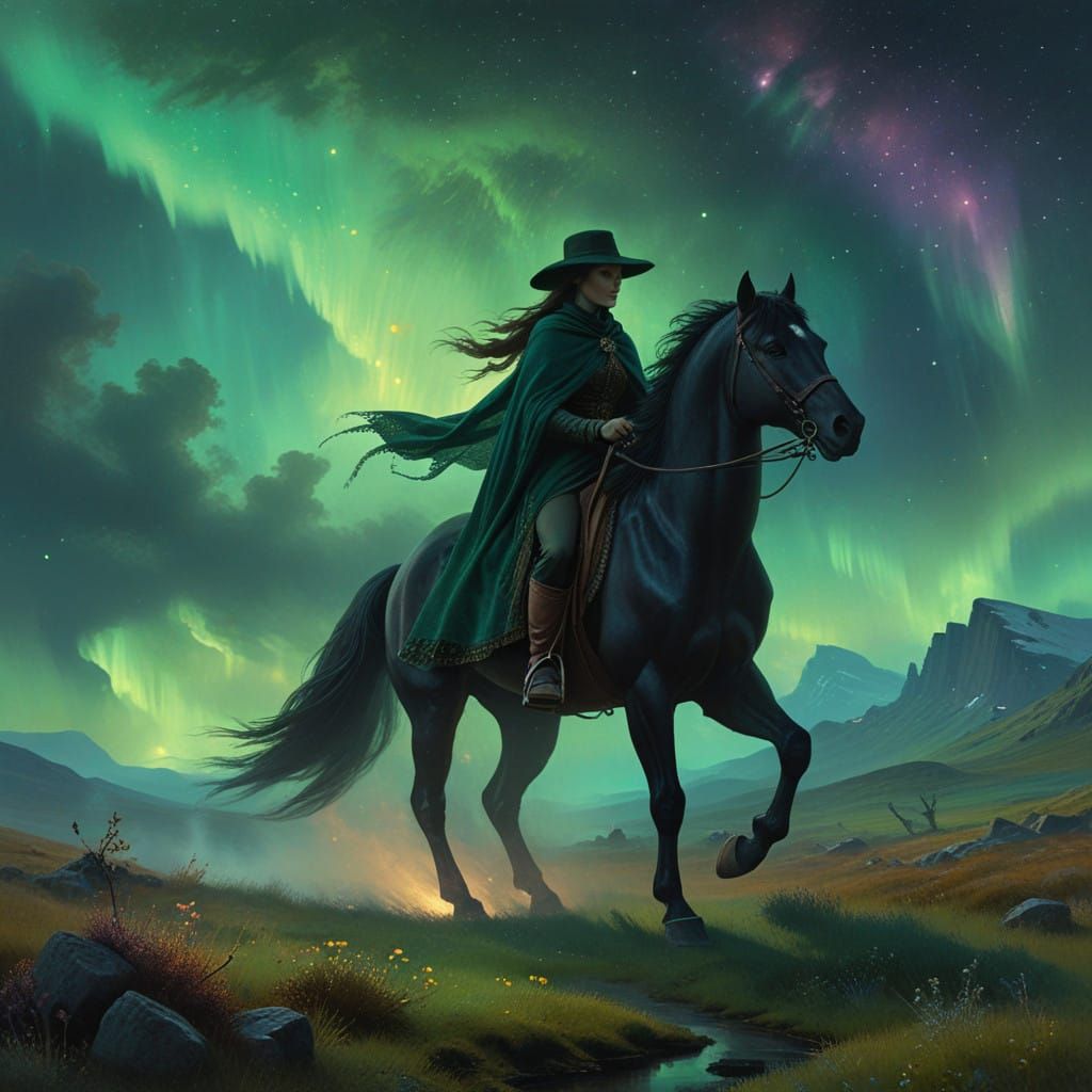 Ethereal Rider Under Aurora's Glow on the Moorland
