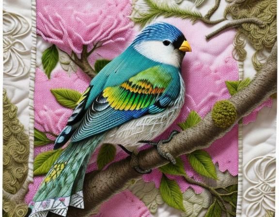 Embroidery Bird on Mossy Branch in Quilted Tapestry Style