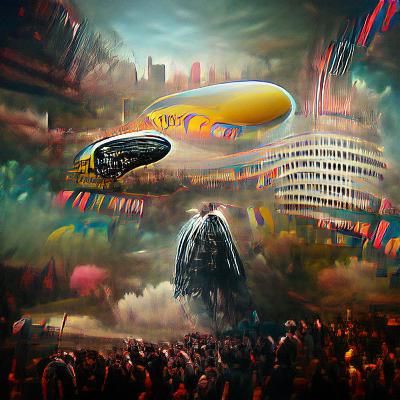 Holographic Blimp in Steampunk Cyberpunk Wonderland