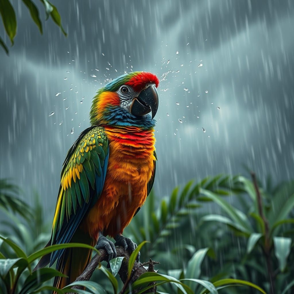 Vibrant Rainforest Parrot in Stormy Tropical Jungle